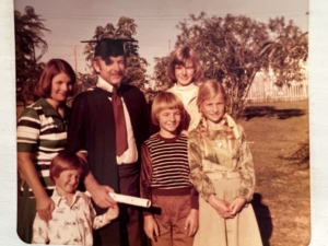 Celebrating another educational milestone – Trevor Waring graduated with a Master of Clinical Psychology in 1978. Peter is the youngest, pictured on the left.