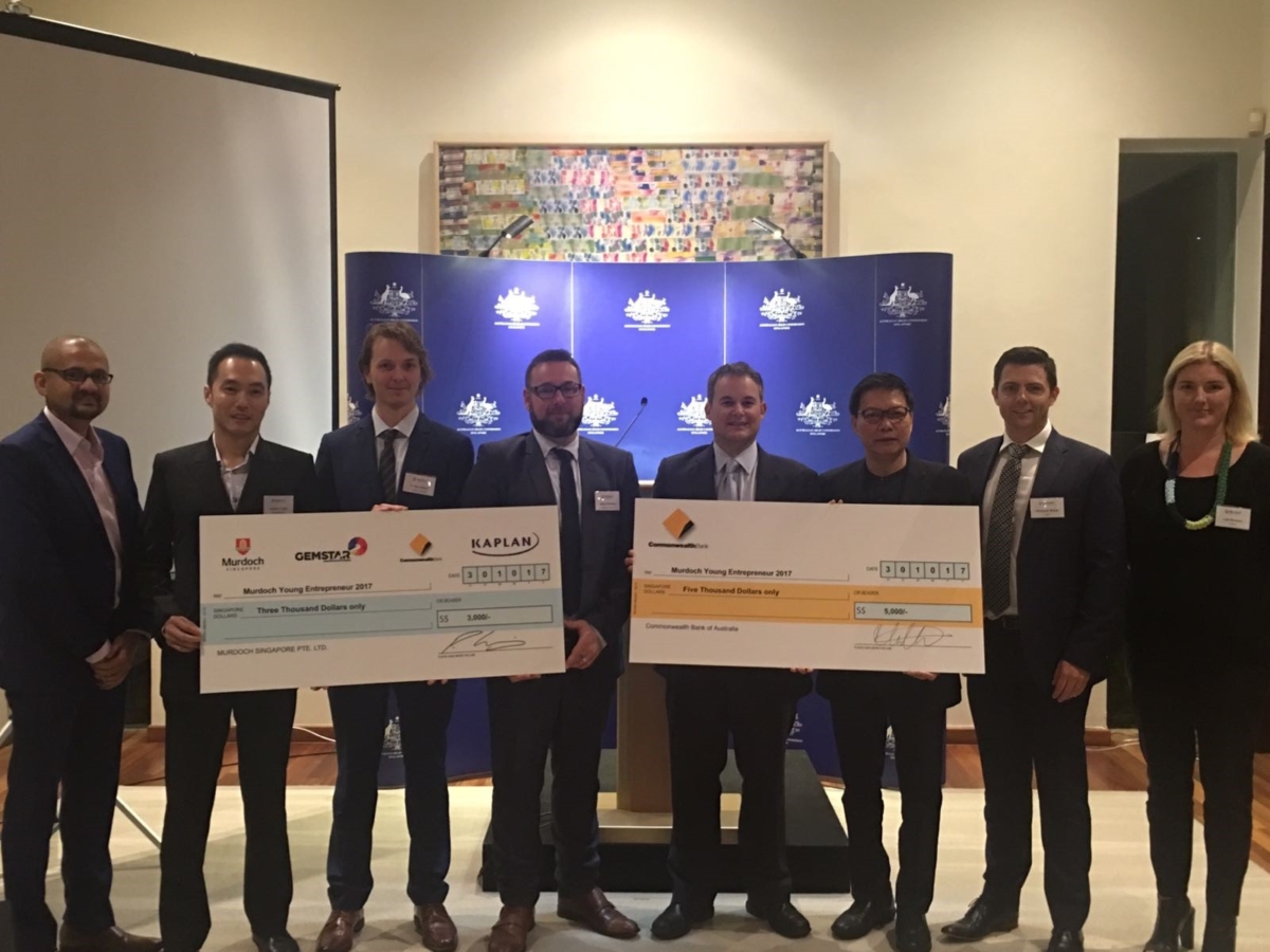 Young Entrepreneur judges and winner
L-R:  A/Prof Chris Vas (Director, SCRIPT), Mr Lester Chan (Judge), Mr Tristan Ward (Team Kiwa Tech Wear - winner), Mr Adam Kinnest (Team Kwa Tech Wear - winner), A/Prof Peter Waring (Dean, Murdoch Singapore), Prof Patrick Loh (Judge), Mr Richard Wiles (Judge), Ms Liza Noonan (Judge)